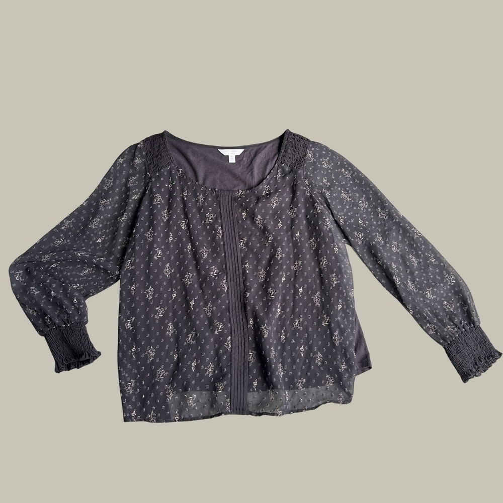 LC Lauren Conrad Blouse Womens XL Black Floral Swiss Dot Officewear Feminine
